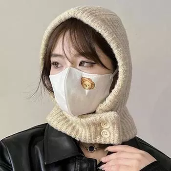 Универсальная осенне-зимняя вязаная шапка женская шарф-шапка вязаная шапка на пуговицах бежевый