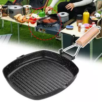 Универсальная походная сковорода с деревянной ручкой, устойчивая к ожогам, для стейков в походах 20cm