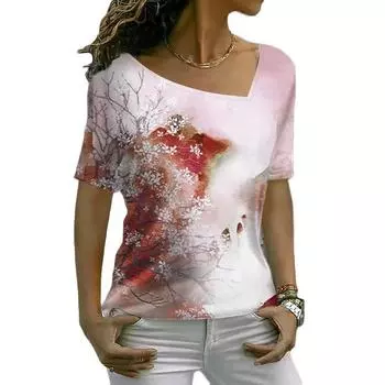 Универсальная повседневная футболка с цифровым принтом и забавным диагональным воротником, модная женская футболка, повседневная удобная женская футболка с длинным рукавом L