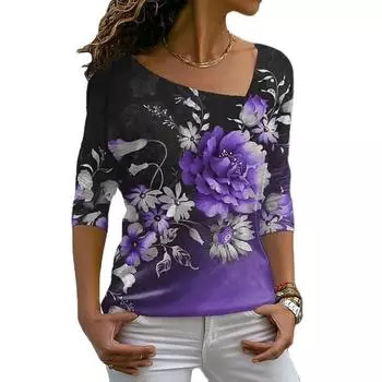 Универсальная повседневная футболка с цветочным 3D-принтом, забавная модная женская футболка, винтажная, элегантная, с диагональным воротником, повседневная, с длинным рукавом, для женщин, удобная L
