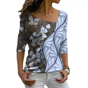 Универсальная повседневная футболка с цветочным принтом и цифровым принтом, забавная, модная, сексуальная, с диагональным воротником, женская, повседневная, с длинным рукавом, женская, удобная M