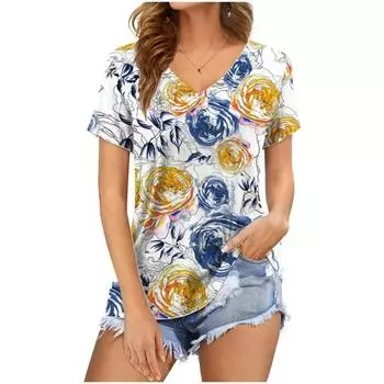 Универсальная повседневная винтажная футболка с цветочным пейзажем и цифровым принтом, забавная модная женская футболка, повседневная удобная женская футболка с коротким рукавом L