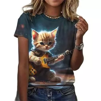 Универсальная повседневная женская футболка с рисунком аниме кошек, простая женская футболка с круглым вырезом с 3D красками и забавным узором, летняя модная женская футболка с короткими рукавами