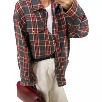Универсальная рубашка свободного кроя в стиле ретро с лацканами, с длинными рукавами и карманами, женская рубашка L красный