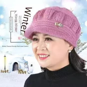 Универсальная шерстяная шапка для пожилых женщин: Теплый, плотный, плюс бархат, осенне-зимний вязаный дизайн серый