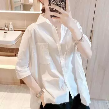 Универсальная свободная тонкая рубашка с рукавами пять четвертей на пуговицах, однотонная рубашка в стиле ретро с короткими рукавами, женские верхние блузки и рубашки S розовый