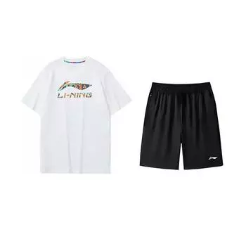 Универсальная удобная дышащая футболка с коротким рукавом и круглым вырезом с принтом логотипа Li Ning, повседневный спортивный комплект, унисекс, топы AHSS549-2+AKSV843-1 XXL