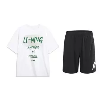 Универсальная удобная футболка с коротким рукавом Li-Ning с большим логотипом и однотонными шортами-пятиточками. Повседневный спортивный комплект. Унисекс. Комплекты AHSU803-1+YKSU157-2 S