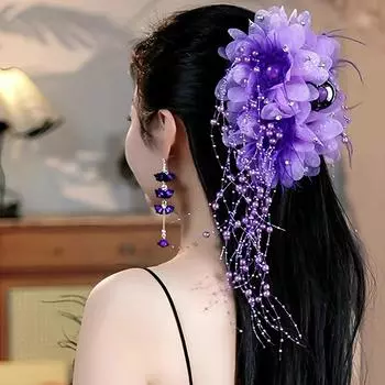 Универсальная заколка для волос с цветком, кисточкой из пайеток, зажим-акула для женщин, девочек, ретро заколка-коготь для волос, элегантные цветочные аксессуары для волос, подарок