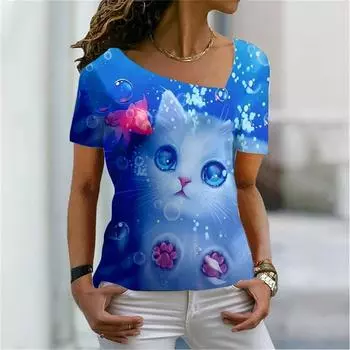 Универсальная женская футболка Harajuku Cat с цифровым 3D принтом и коротким рукавом, летняя повседневная футболка с косым воротником, персонализированные женские топы, одежда 6XL