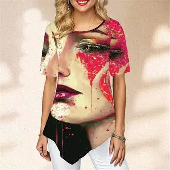 Универсальная женская футболка с нерегулярным портретом и цифровым 3D принтом, летние повседневные футболки с короткими рукавами и круглым воротником, женские топы XL