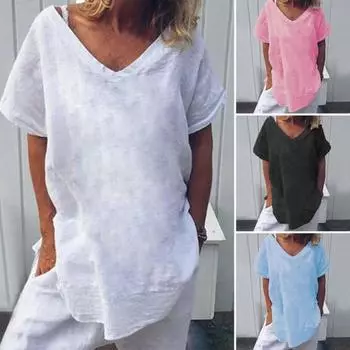 Универсальная женская футболка с V-образным вырезом и коротким рукавом, простой однотонный пуловер 3XL чёрный