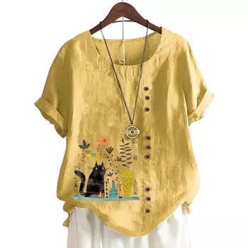 Универсальная женская хлопковая футболка с уникальным принтом и пуговицами S жёлтый