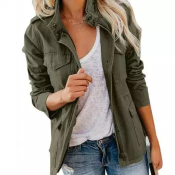 Универсальная женская куртка однотонная с длинным рукавом и лацканами, пальто в стиле бойфренд, верхняя одежда с несколькими карманами XS армия зеленый
