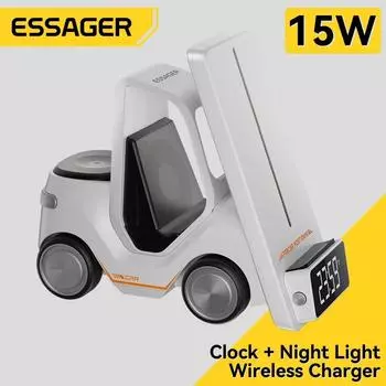 Универсальное беспроводное зарядное устройство Essager для iPhone 12, 13, 14, 15 серии, Apple Watch, Airpods Pro, дизайн вилочного погрузчика, дизайн автомобиля, ночник серый
