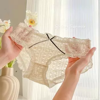 Универсальное кружевное нижнее белье с бантом для девочек, прозрачные ажурные сексуальные трусы, хлопковые треугольные трусики с промежностью M белый