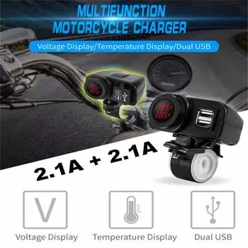 Универсальное мотоциклетное 12V двойное USB 2.1A+2.1A зарядное устройство с цифровым вольтметром, светодиодным дисплеем, термометром