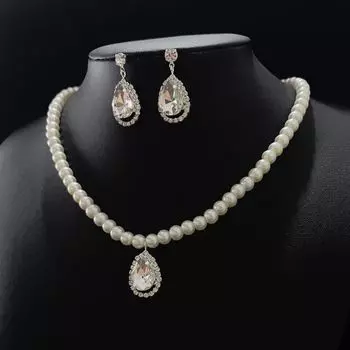 Универсальное ожерелье с жемчугом и драгоценными камнями, женские серьги с каплями воды, посеребренные серьги, комплект ювелирных изделий белый
