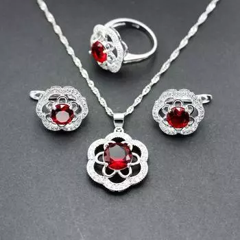 Универсальное ожерелье, серьги, кольца, комплект из трех предметов, женский модный комплект украшений с цветочным цирконием, многоцветный. Size 6 ring set красный