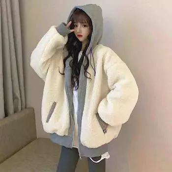Универсальное плотное пальто, женская осенне-зимняя корейская версия плюшевой ягненка, искусственная двухсекционная свободная хлопковая куртка с капюшоном L