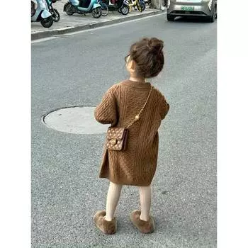 Универсальное шерстяное платье в иностранном стиле для девочек на осень и зиму, новое длинное платье-свитер кофейного цвета для маленьких девочек в иностранном стиле 100cm