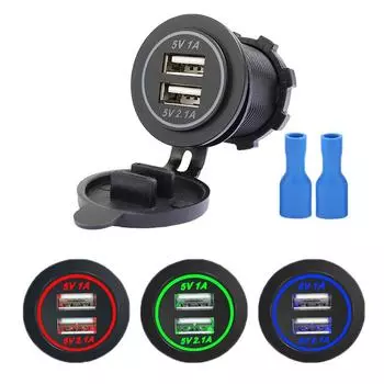 Универсальное зарядное устройство для мотоцикла, автомобильное светодиодное зарядное устройство с двумя USB-разъемами, розетка 2,1 А / 1 А с USB-светом для мотоцикла, автомобильное зарядное устройство USB синий