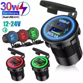 Универсальное зарядное устройство для мотоцикла, автомобиля, светодиодное зарядное устройство USB TYPE-C, розетка для сигарет, водонепроницаемый фонарь для автомобиля, грузовика, квадроцикла, лодки Type-C+5V3.1A, Non-Wire красный