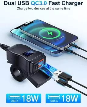 Универсальное зарядное устройство для мотоцикла, два порта USB PD, быстрая зарядка с водонепроницаемым переключателем, вольтметром, адаптером питания, зарядным устройством для мобильного телефона