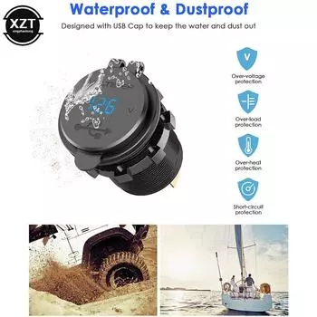 Универсальное зарядное устройство PD QC3.0 Dual USB для автомобиля с быстрой зарядкой, светодиодным цифровым вольтметром, кнопочным переключателем для 12-24 В автомобиля, морской лодки, грузовика синий