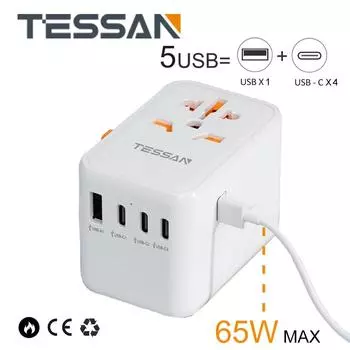 Универсальное зарядное устройство TESSAN 65 Вт/100 Вт, адаптер питания, преобразователь с USB-портами и настенным зарядным устройством типа C для путешествий в США, ЕС, Великобритании, Австралии