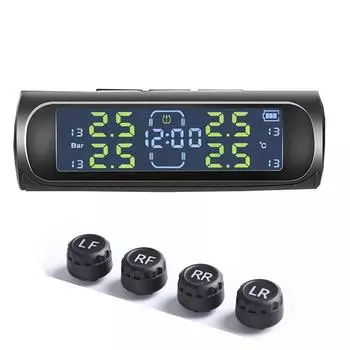 Универсальные автоматические солнечные + USB TPMS часы с ЖК-дисплеем, беспроводной мониторинг давления в шинах и система сигнализации с 4 датчиками давления в шинах With 4 External Sensors чёрный