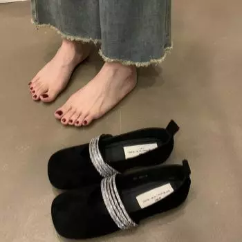 Универсальные балетки Мэри Джейн со стразами и неглубоким горлом 2024 года, новые весенне-осенние туфли на плоской подошве с французским квадратным носком 35 чёрный