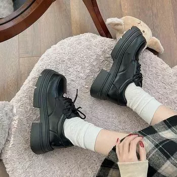 Универсальные черные туфли на шнуровке в британском стиле на платформе, женские, новые осенние туфли 2024 года на толстом каблуке с юбкой в стиле ретро 35