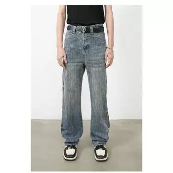Универсальные длинные брюки, винтажные потертые и старые джинсы, текстурированные брюки из бамбука, прямые брюки для мужчин и женщин, брюки S светло-синий