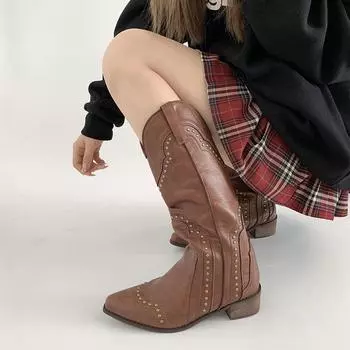 Универсальные классические сапоги на толстом каблуке в стиле ретро, женские, новинка лета 2025 года, остроносые, тонкие и высокие сапоги-рыцари с V-образным вырезом 35 коричневый