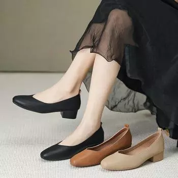 Универсальные кожаные мягкие кожаные туфли с мягкой подошвой женские туфли на толстом каблуке новинка весны 2025 года женская обувь бабушкиная обувь женская обувь 227-1 34 чёрный