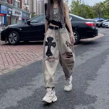 Универсальные мешковатые брюки, женские карманные модные потертые и поношенные повседневные брюки с индивидуальной нашивкой L