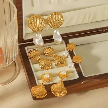 Универсальные модные серьги с ракушками и жемчугом, женские серьги из 18-каратного золота, не выцветающие, летние, новые, из нержавеющей стали