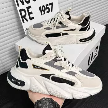 Универсальные неуклюжие кроссовки для мужчин на толстой подошве, трендовая дышащая повседневная спортивная обувь с сетчатой шнуровкой на мягкой подошве 39 бежевый