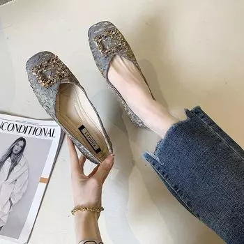 Универсальные одинарные туфли женские 2024 весна-лето новые феи ветер квадратная голова неглубокий нос одна педаль повседневные стразы квадратная голова туфли Doudou 35