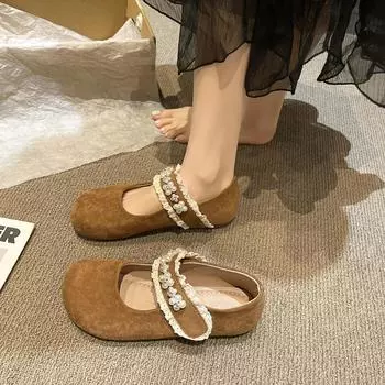 Универсальные однобортные туфли на плоской подошве со стразами и круглым носком, женские туфли на весну и осень 2025 года, юбка в стиле ретро с мягкой подошвой 35 верблюд