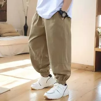 Универсальные повседневные брюки для мальчиков, свободные брюки прямого кроя, брюки на кулиске, универсальные детские брюки 120 хаки