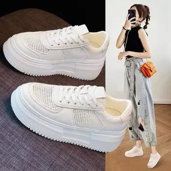 Универсальные повседневные дышащие белые туфли на толстой подошве для женщин 2024 года, новые сетчатые туфли на подошве из кожи с крошкой, обувь для знаменитостей в Интернете 35 белый