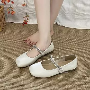 Универсальные повседневные кожаные туфли квадратный носок стразы с туфлями Мэри Джейн женская летняя мода стразовая пряжка вечерние одинарные туфли 35