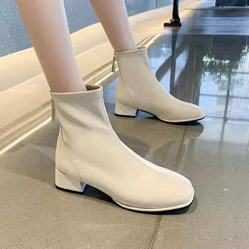 Универсальные повседневные тонкие ботинки французские средние и короткие женские ботинки маленькие большие размеры с застежкой-молнией сзади квадратная головка корейская версия осенние тонкие и новые 34