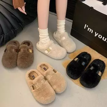 Универсальные пушистые туфли на толстой подошве, женские туфли на осень и зиму 2024 года, новые модели, маленькие плюшевые туфли с одной педалью и сумкой на голову для женщин 35 чёрный