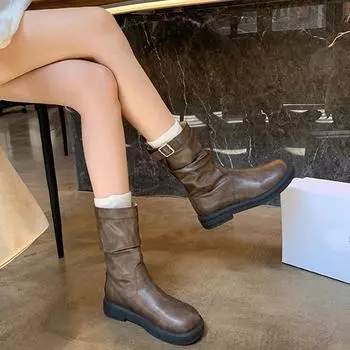 Универсальные ретро простые и тонкие сапоги Martin на низком каблуке женские сапоги с пряжкой Locomotive Knight 35 хаки