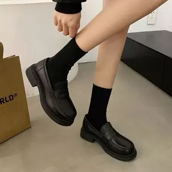 Универсальные ретро-туфли в британском стиле из кожи, осень 2024 г., новые удобные мокасины на плоской подошве на одну ногу 35 чёрный