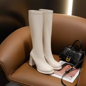 Универсальные сапоги на высоком каблуке с застежкой-молнией сзади, весна 2024, новые водонепроницаемые сапоги с квадратным носком и толстым каблуком, женские рыцарские сапоги 34