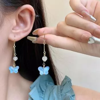 Универсальные серьги-бабочки с длинными кисточками и синим оттенком для женщин 1 pair
